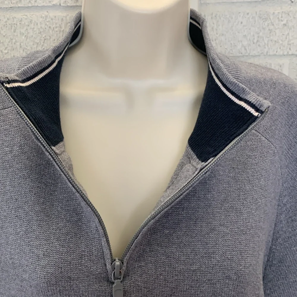 Brandini Men's 100% Cotton XL Gray Knit Sweater 1/4 Zip Pullover Navy Trim EUC